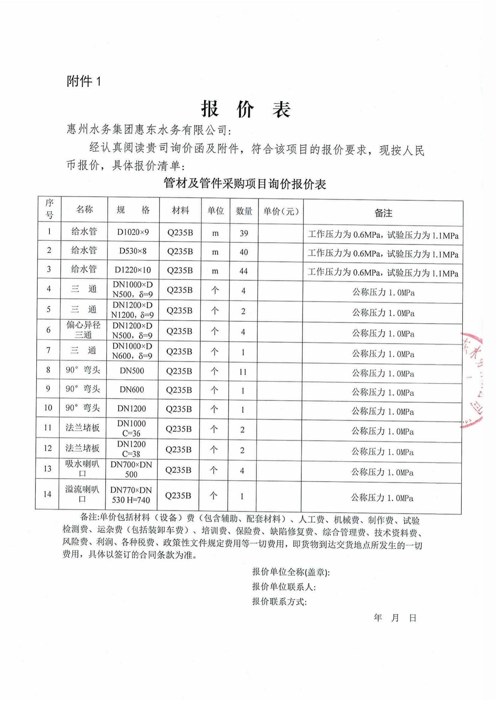 惠东县白花加压泵站二期清水池扩建工程项目管材及管件、配套的阀门等质料（装备）集中采购项目询价通告_南宫体育